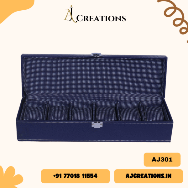 AJ301 Blue Check Watch Box – 6 Slot Premium Organizer for Men & Women | Leatherette Finish - Image 3