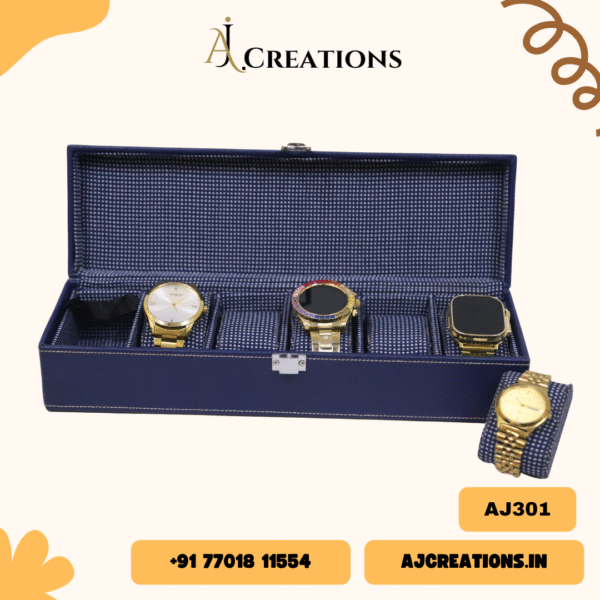 AJ301 Blue Check Watch Box – 6 Slot Premium Organizer for Men & Women | Leatherette Finish