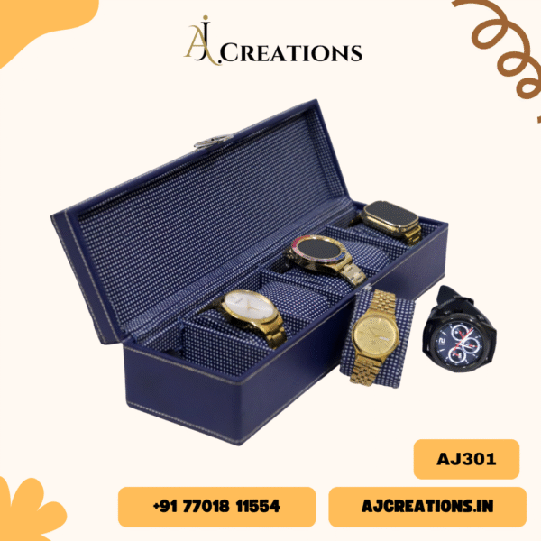 AJ301 Blue Check Watch Box – 6 Slot Premium Organizer for Men & Women | Leatherette Finish - Image 4